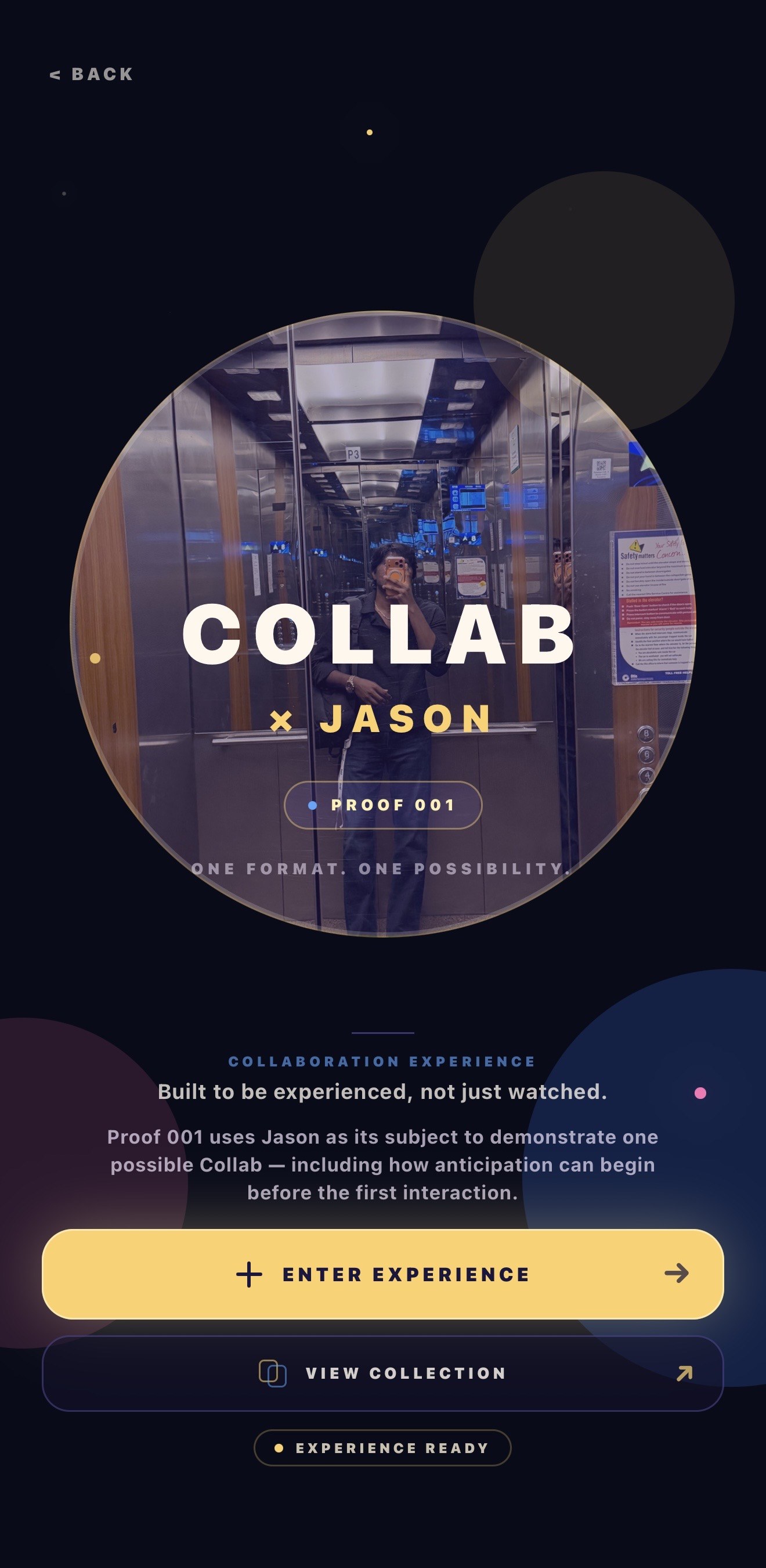 Collab Proof 001 landing screen showing Collab × Jason and the Enter Experience control